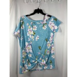 HBEYYTO Women XXL Blue Floral Cold Shoulder Front Knot Twist T-Shirt Top